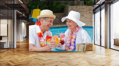 Happy senior couple drinking cocktails and toasting each other Wall mural