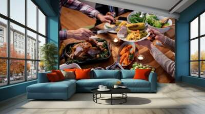 Millennial adult friends celebrating Thanksgiving together at home  Wall mural