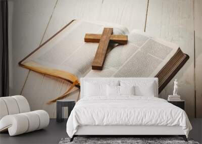 Open bible and wooden cross Wall mural