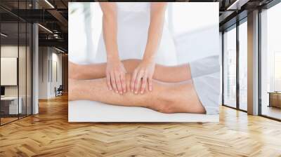 Physiotherapist doing calf massage to her patient Wall mural