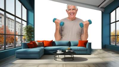 Portrait of a happy senior man exercising with dumbbells Wall mural