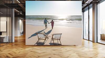 Rear view of african american senior couple holding hands and walking towards sea under sky Wall mural