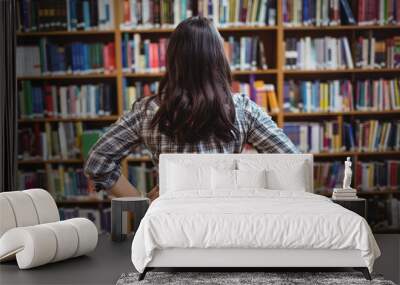 Rear view of female student looking at books in the shelf Wall mural