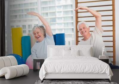 senior couple doing stretching exercise in gym Wall mural