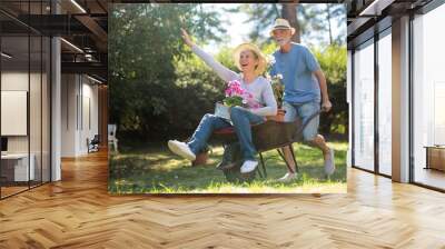 Senior couple playing with a wheelbarrow Wall mural