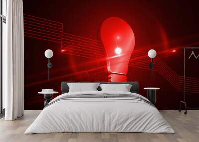 Shiny red light bulb on black background Wall mural