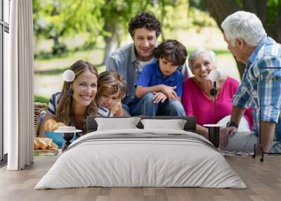 Smiling family having a picnic Wall mural