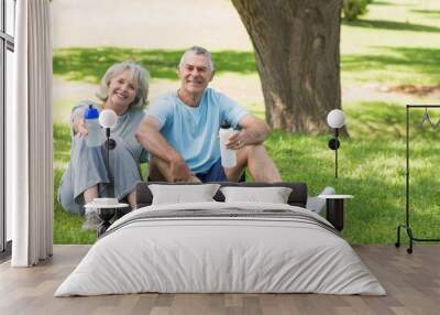 Smiling mature couple sitting with water bottles at park Wall mural