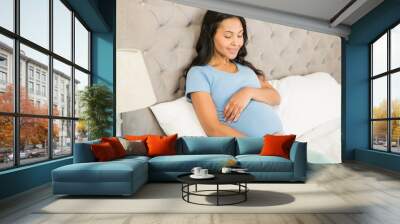 Smiling pregnant brunette sitting on bed Wall mural