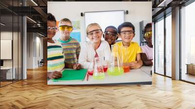 smiling pupils doing science Wall mural