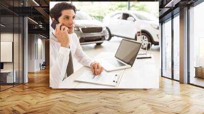 Smiling salesman having a phone call Wall mural