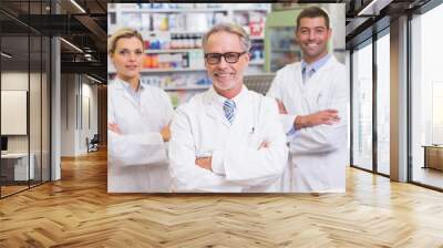 Team of pharmacists smiling at camera Wall mural