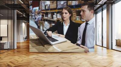 Warehouse managers using laptop Wall mural