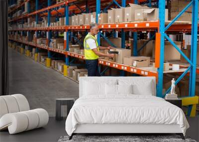 Warehouse worker scanning box Wall mural