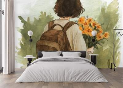 1. Person holding flowers and a backpack, soft expression, serene outdoor setting, watercolor style Wall mural