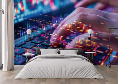 11. Close-up of hands typing on a keyboard with Bitcoin and stock market graphs overlayed, representing digital trading Wall mural