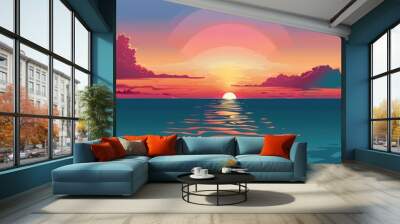 17. Sunset over the ocean, vibrant colors, flat design illustration Wall mural