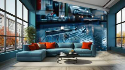 2. Shiny metal tabletop, blurred car tools, high-tech automotive garage Wall mural