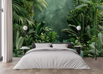 3D product display podium surrounded by jungle plants, green wood pedestal, tropical garden aesthetic Wall mural