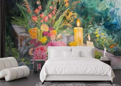 4. Memorial site with flowers and candles, modern, soft pastels, watercolor, peaceful and respectful tribute Wall mural