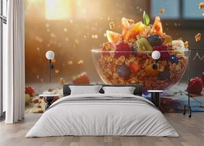 A futuristic breakfast with holographic granola and glowing fruit, served in a transparent bowl on a wooden table. Rustic wood backdrop with subtle digital enhancements for copy space Wall mural