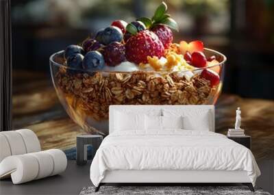 A nutritious breakfast in a sleek transparent bowl with glowing granola and fruit, on a rustic wooden table. The wooden backdrop fades into digital elements, perfect for copy space Wall mural