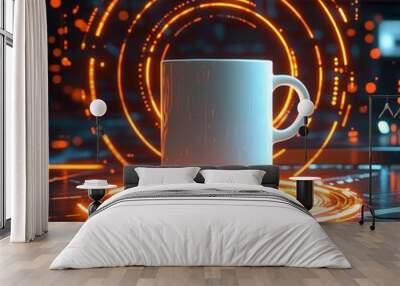 A round, classic mug floating in mid-air within a futuristic setting, surrounded by glowing rings and digital interfaces, blending tradition with innovation Wall mural