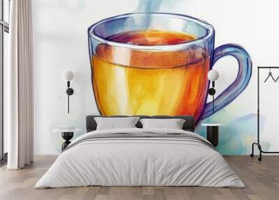 Classic watercolor illustration of a steaming mug of tea clipart, isolate on white, for a calm morning Wall mural