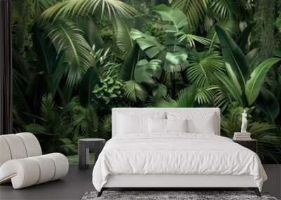 Jungle foliage surrounding green wood platform, 3D product podium, tropical forest theme Wall mural