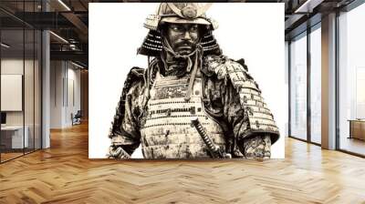 Samurai warrior with katana, detailed ink illustration, traditional Japanese art style, muted colors, isolated on white background Wall mural