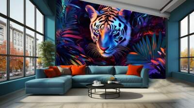 Tropical animal in a vibrant, colorful jungle, futuristic abstract plants and glowing elements, bold hues and dynamic motion, perfect for modern design Wall mural