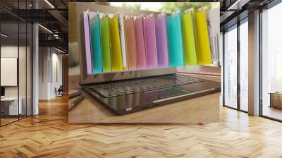 file in database - laptop with folders, 3d rendering Wall mural