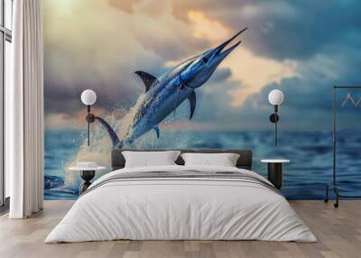 Blue Marlin fish jumps out of the ocean water Wall mural