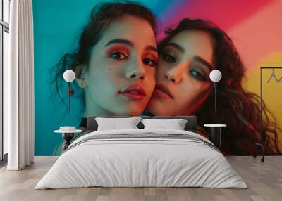 Colourful studio portrait of two young women on colorful background Wall mural