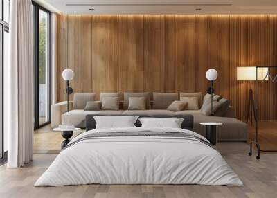 Minimalist home interior design of modern living room with a volumetric wood panelling wall Wall mural