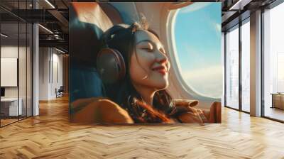 Smiling young asian woman wearing headphones and listening to music on airplane during flight Wall mural