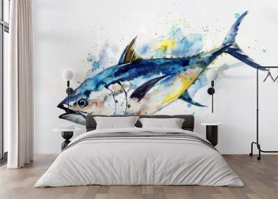 Watercolor illustration of tuna fish on white background Wall mural