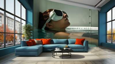 Woman with glasses floats in a sensory deprivation tank Wall mural