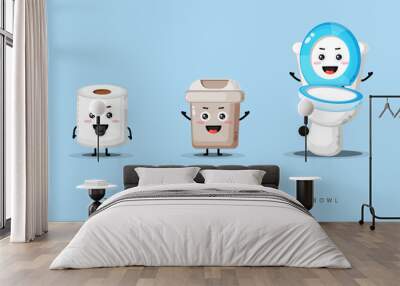 Cute happy toilet paper, trash can and toilet bowl Wall mural