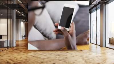 Cropped indoor image of unrecognizable dark-skinned man relaxing on couch in living room, using home wi-fi on modern mobile phone with blank copy space screen for your text or advertising content Wall mural