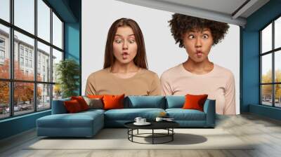 Funny mixed race female friends pout lips, make grimaces and have fun together, being tired after work on project, foolish indoor isolated over white background. People, interracial friendship concept Wall mural