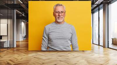 Glad grey haired man with satisfied expression has good mood wears optical glasses and casual jumper poses against vivid yellow background. Happy senior male model has pleasant conversation. Wall mural