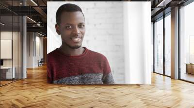 handsome confident young african american man dressed in casual warm sweater, looking at camera with Wall mural