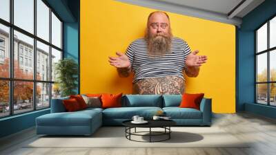 I dont care about rules. Indifferent careless questioned bearded man shrugs shouldres with hesitation, puzzled by stupid question, has very big tummy, wears striped t shirt, no idea how it happened Wall mural