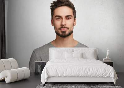 Isolated shot of young handsome male with beard, mustache and trendy hairdo, wears casual grey sweater, has serious expression as listens to interlocutor, poses in studio against white background Wall mural