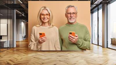 People age and technology concept. Portrait of middle aged woman and man hold modern devices surf social networks being always in touch smile pleasantly isolated over brown studio background Wall mural