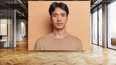 Portrait of serious dark haired adult Asian man with neutral facial expression focused at camera dressed in casual jumper isolated over brown background. Handsome Japanese guy poses in studio Wall mural