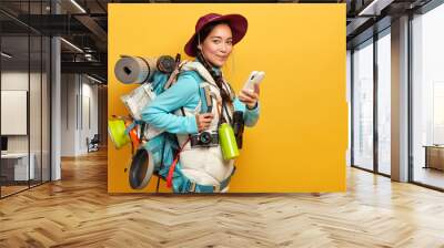 Pretty satisfied traveler uses free internet connection on smartphone for blogging during wanderlust trip, carries big heavy rucksack, has binoculars and retro camera to explore surroundings Wall mural