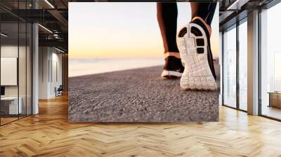 runner man feet running on road closeup on shoe. Wall mural