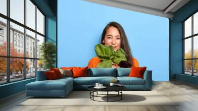 Satisfied Korean woman with pleased face expression, buys healthy dieting food, holds raw green vegetable, going to make tasty vegetarian lunch, wears casual orange jumper, poses over blue wall Wall mural